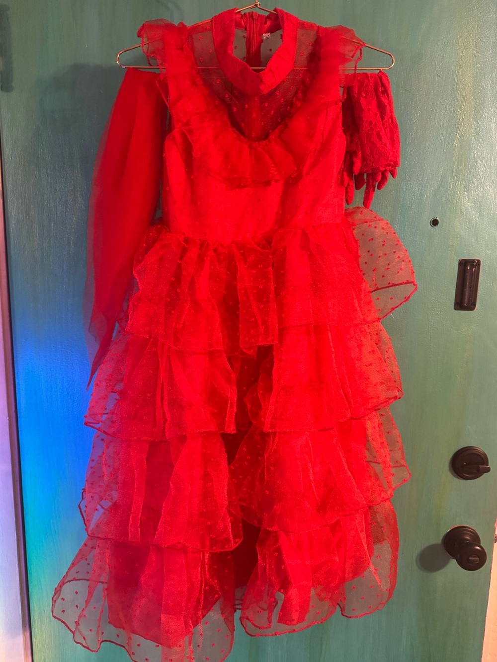 Red Ruffled Dotted Tulle Kids Costume Dress Set Lydia Dietz Beetlejuice NEW 10